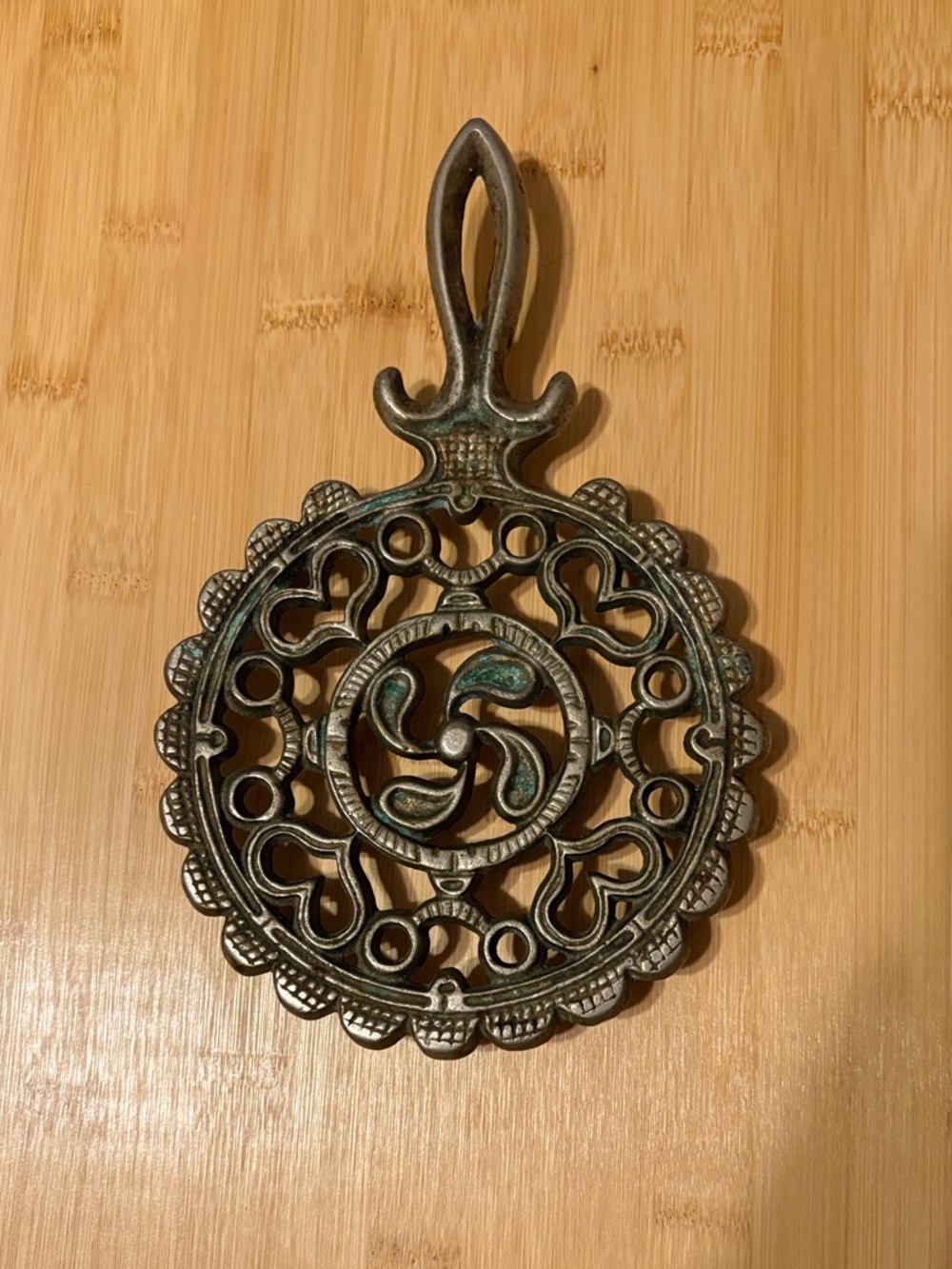 Vintage Brass Trivet with Filigree Design - Patina Accents